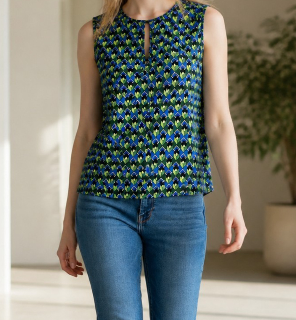Kasper Women's Geometric Print Keyhole Sleeveless Top Green Black XL